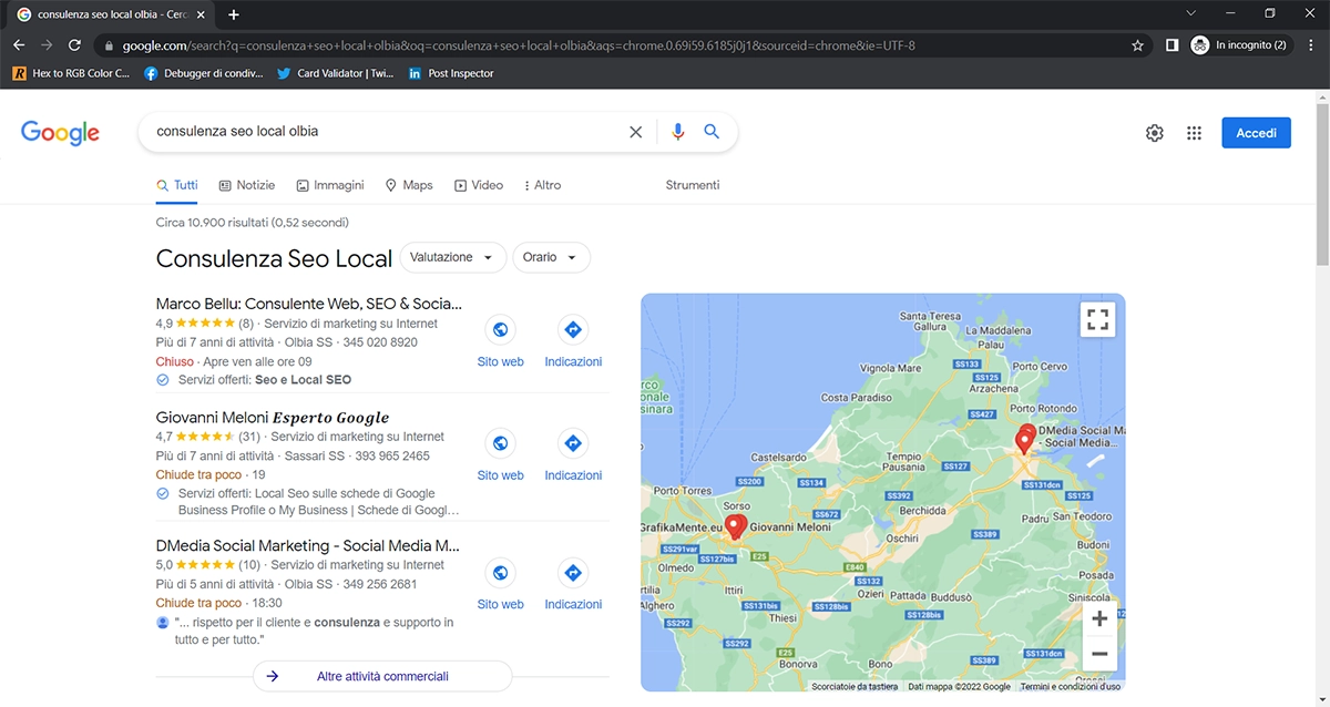 screenshot della ricerca con una keyword locale